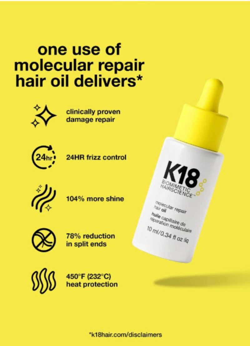 A bottle of K18 Biometric Haircare repair nut oil oil on a bright yellow background with marketing text and icons about damage repair, frizz control, shine, split ends, and heat protection.