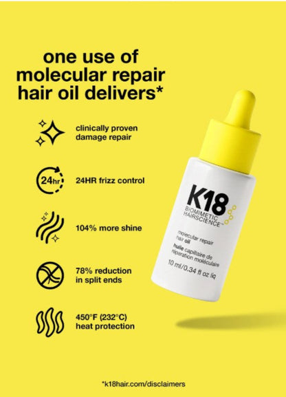 A bottle of K18 Biometric Haircare repair nut oil oil on a bright yellow background with marketing text and icons about damage repair, frizz control, shine, split ends, and heat protection.