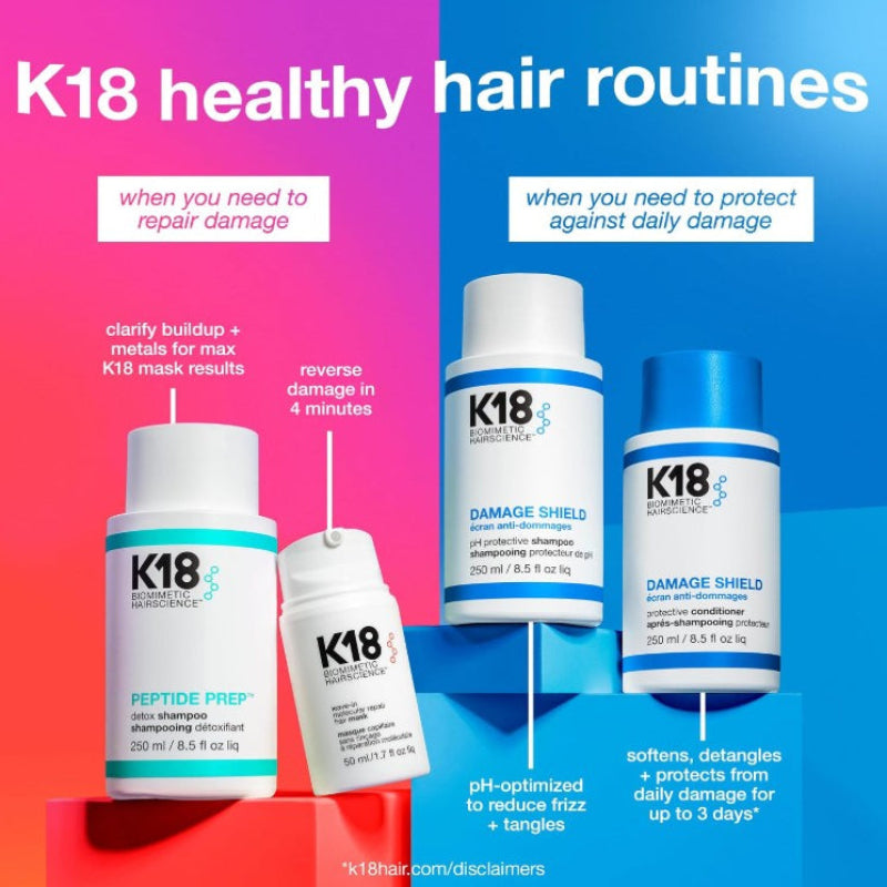 K18 hair care products on a colorful background with text about healthy hair routines.