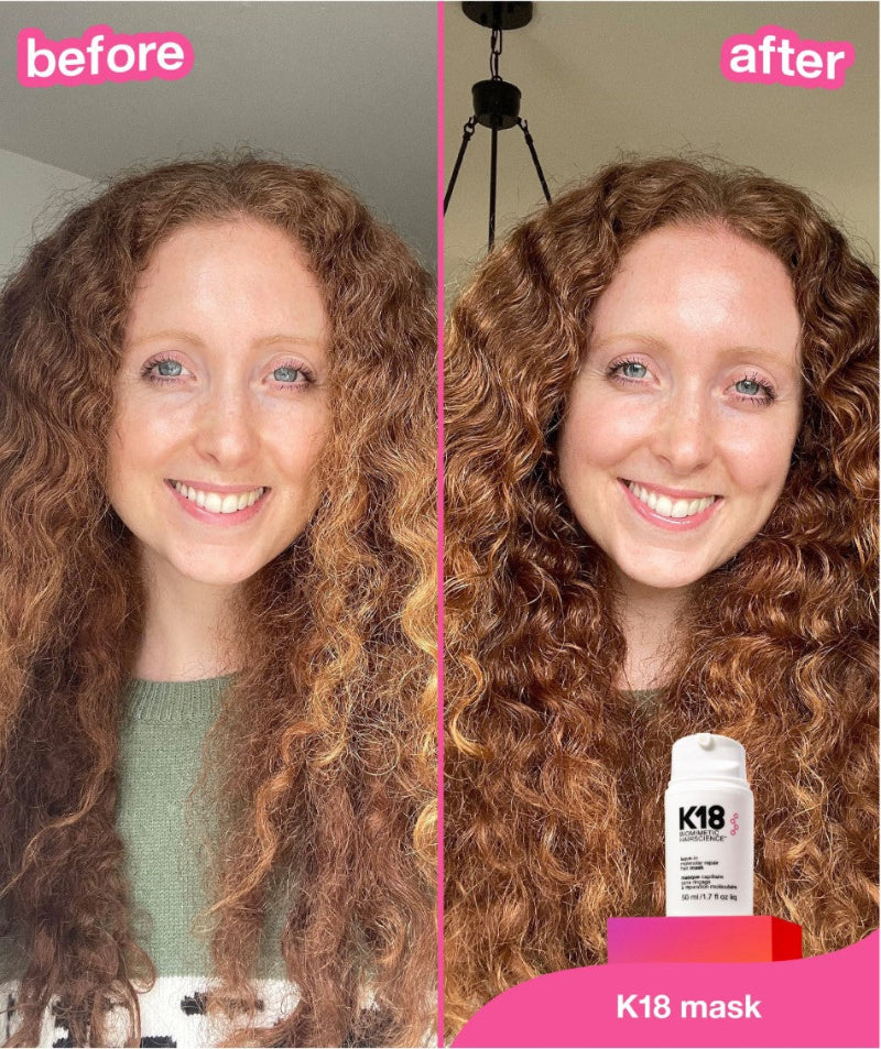 Before and after comparison of a woman with long, curly auburn hair showing the effect of a K18 leave-in hair mask. The left side is labeled 'before' and shows frizzy, less defined curls.