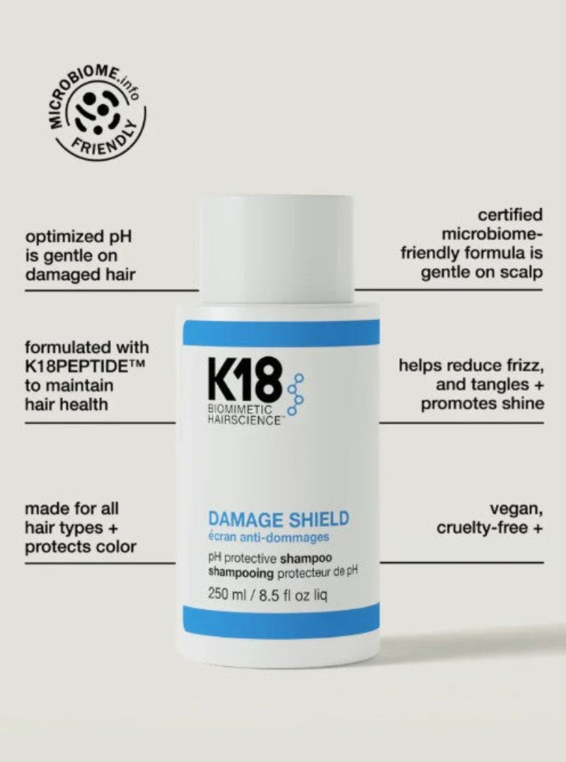A bottle of K18 Damage Shield vegan cruelty-free shampoo centered on a light gray background, surrounded by black text callouts highlighting product benefits such as optimized pH, K18 peptide formula, reduced frizz and tangles, and vegan/cruelty-free status.