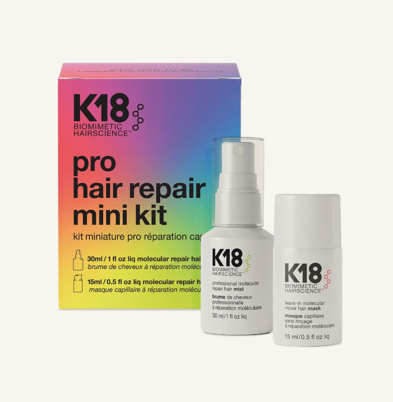 K18 pro hair repair mini kit travel size including one bottle of professional repair hair mist and one bottle of leave-in repair hair mask