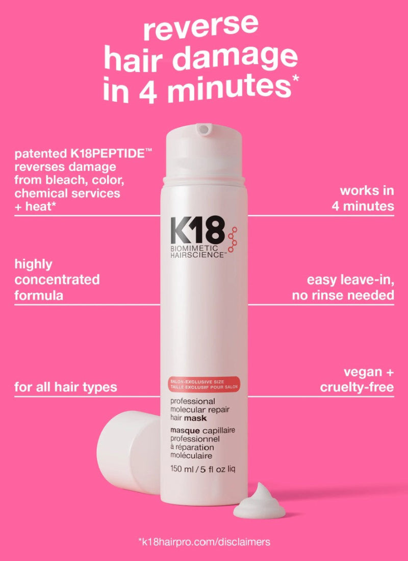 k18 pro mask bottle with mentioning the benefit highlighting on reversing hair damage in 4 minutes