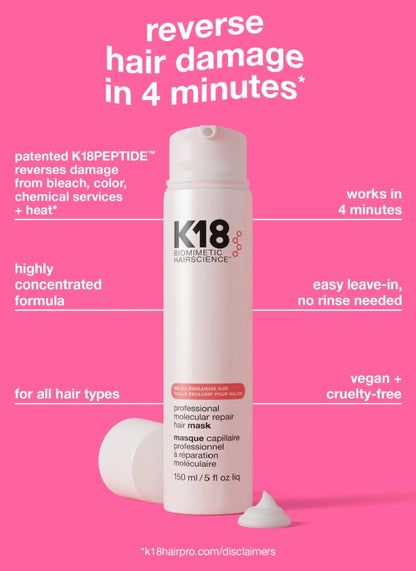 k18 pro mask bottle with mentioning the benefit highlighting on reversing hair damage in 4 minutes