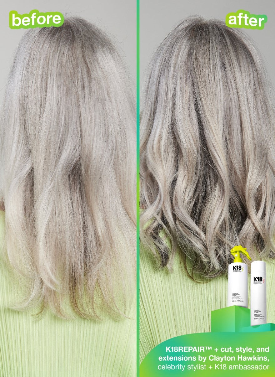 a woman using before and after K18 pro mask hair 