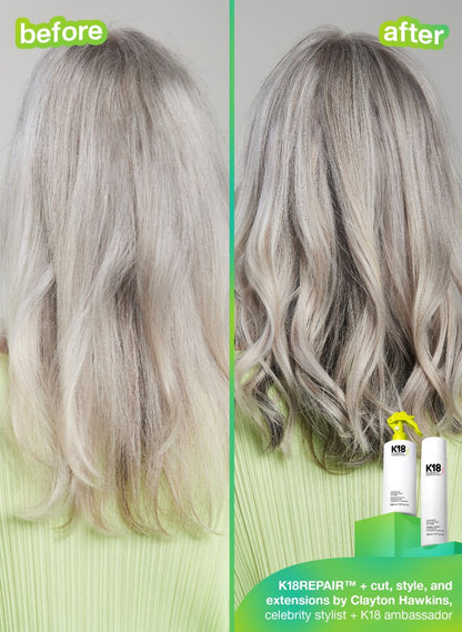 a woman using before and after K18 pro mask hair 