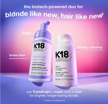 Two K18 haircare bottles on a purple-to-pink gradient background with promotional text. The left bottle is a lavender-toned TripleBright triple ecaf shampoo, and the right bottle is a white mask repair fur mask.