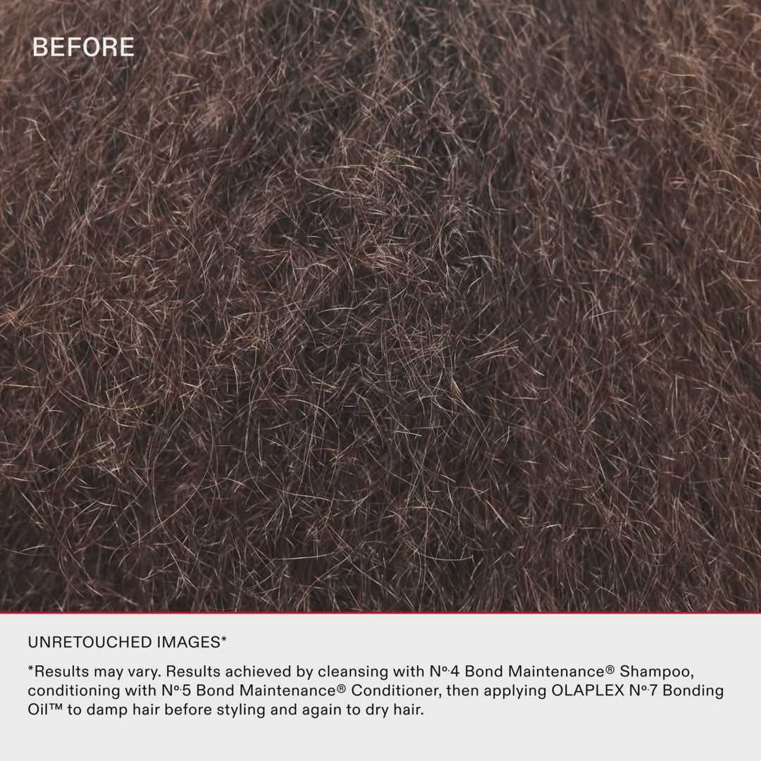 before and after of a hair shown using Olaplex bonding oil with a visible result