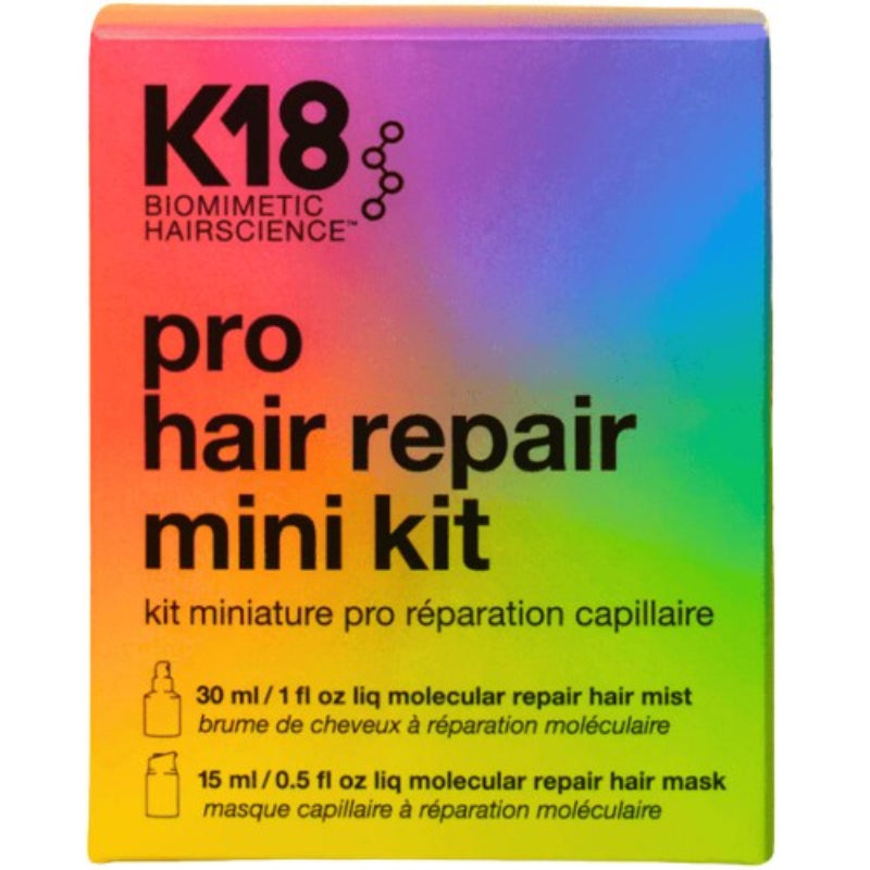 K18 pro hair repair mini kit packaging with gradient color scheme on a white background
