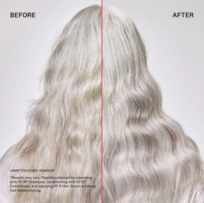 Before and after hair care comparison showing long, light silver-gray hair. The left side is labeled BEFORE and appears textured and dry, while the right side is labeled AFTER and appears smoother, shinier, and more styled.