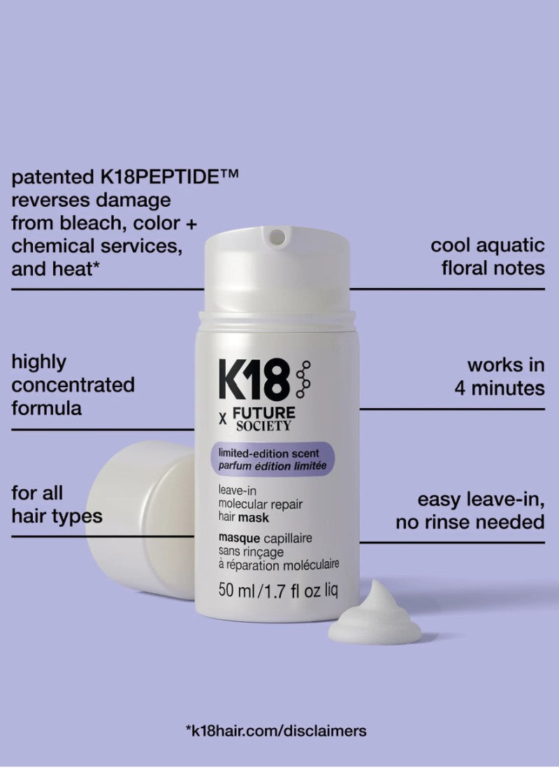K18 x Future Society leave-in molecular repair hair mask bottle with a white cap and white product smear, surrounded by text callouts on a lavender background.
