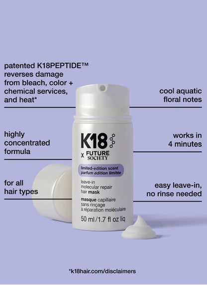 K18 x Future Society leave-in molecular repair hair mask bottle with a white cap and white product smear, surrounded by text callouts on a lavender background.