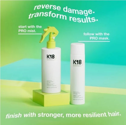 Two white K18 hair care bottles on a bright green gradient background with promotional text. One bottle has a yellow spray top and the other is plain white.