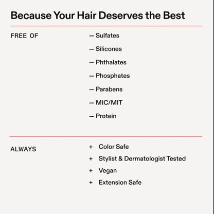 A text-based informational graphic on a light gray background with the headline 'Because Your Hair Deserves the Best.' It lists product benefits under the headings 'FREE OF' and 'ALWAYS,' including sulfates, silicones, phthalates, phosphates, parabens, MIC/MIT, protein, color safe, stylist and dermatologist tested, vegan, and extension safe.